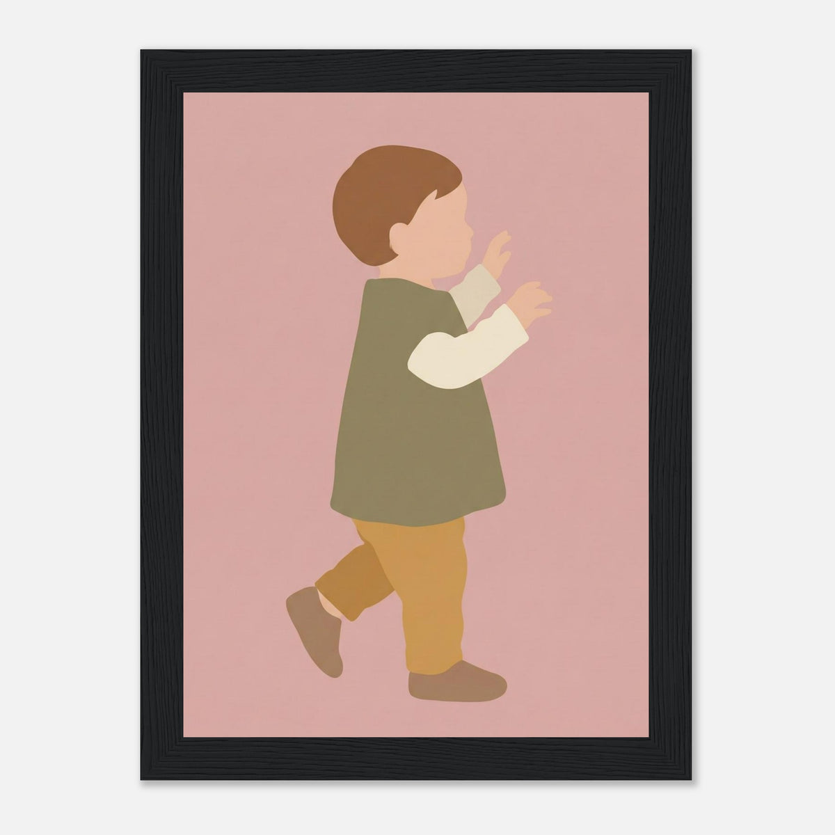 Kinderposter „Erste Schritte“: Kleinkind in Scandi-Erdtönen, schwarzer Rahmen, 13x18 cm