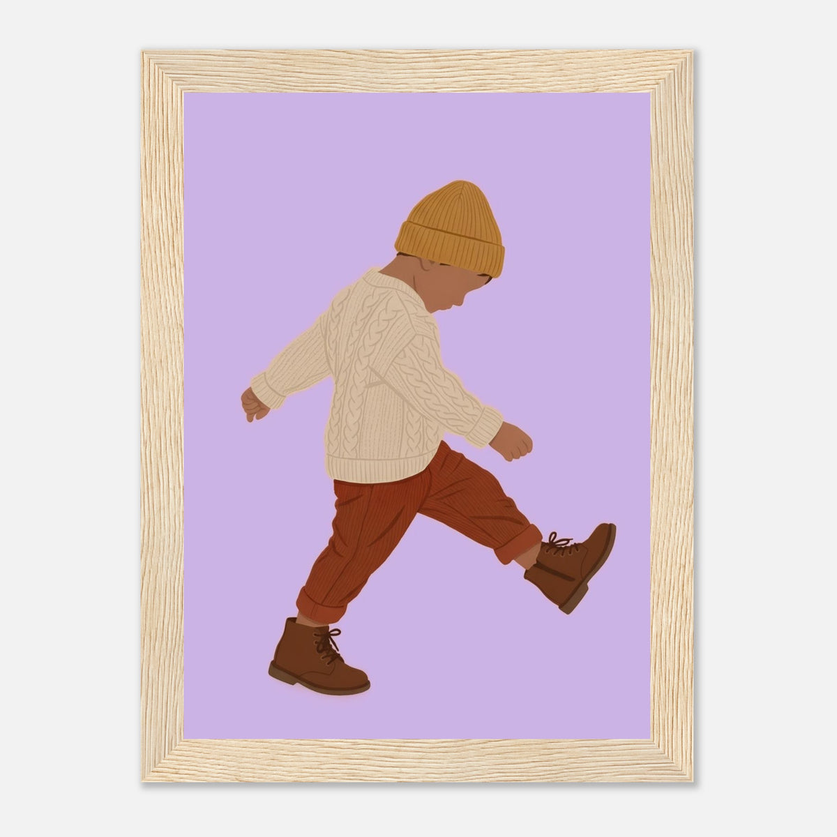 Boho-Kunstdruck „Der kleine Erkunder“: Kleinkind in Erdtönen, Holzrahmen, 13x18 cm