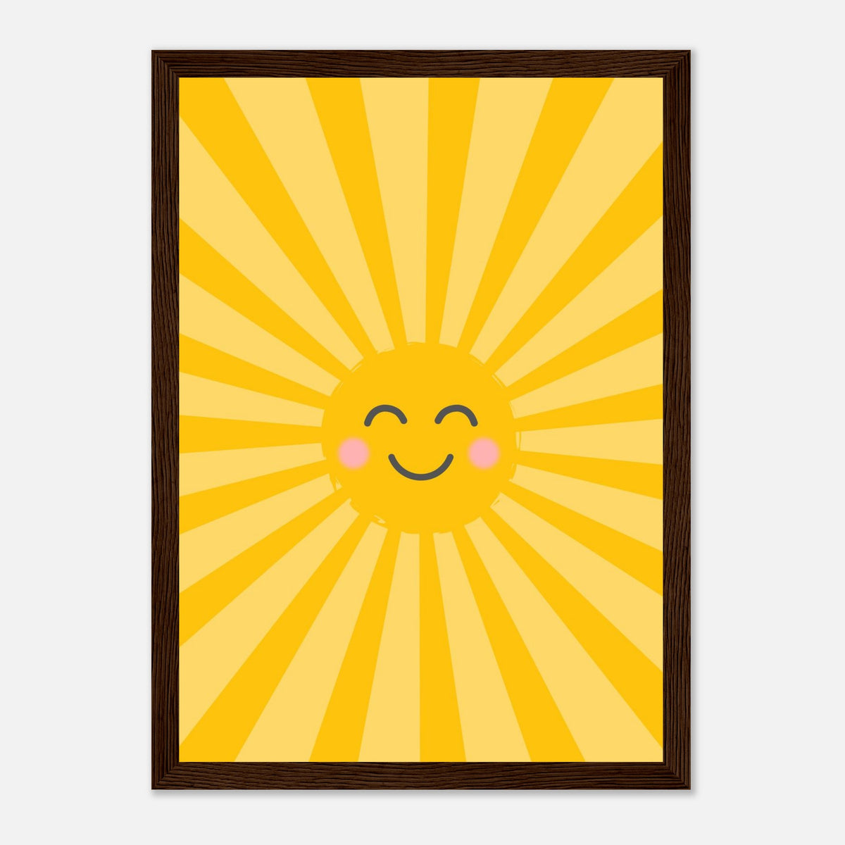 Kinderposter lachende Sonne mit Strahlenkranz in warmen Gelbtönen, dunkler Holzrahmen, 21x29.7 cm