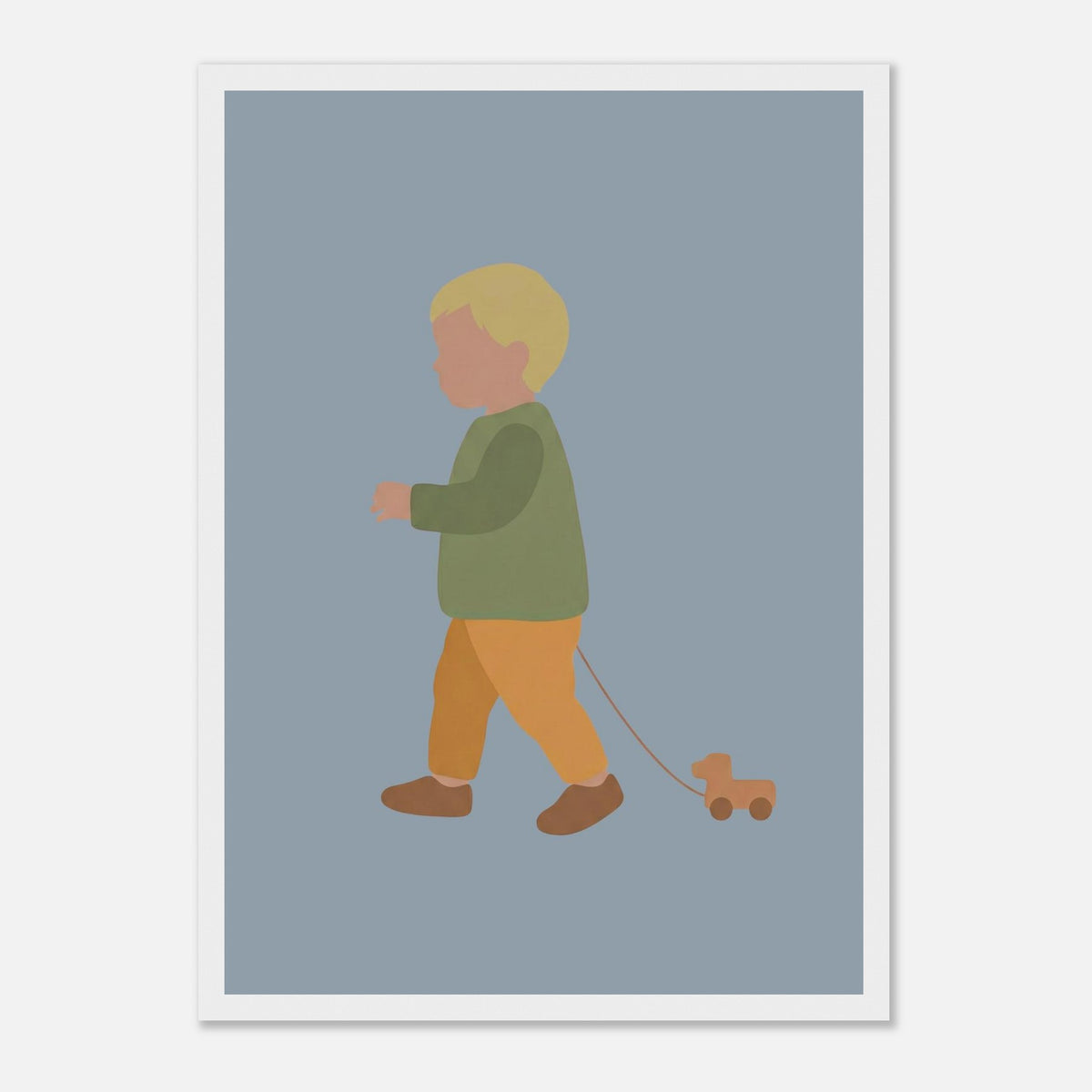 Kunstdruck „Der kleine Weggefährte“: kleiner Junge in Erd- und Olivgrüntönen, weißer Rahmen, A3 (29.7 x 42 cm)