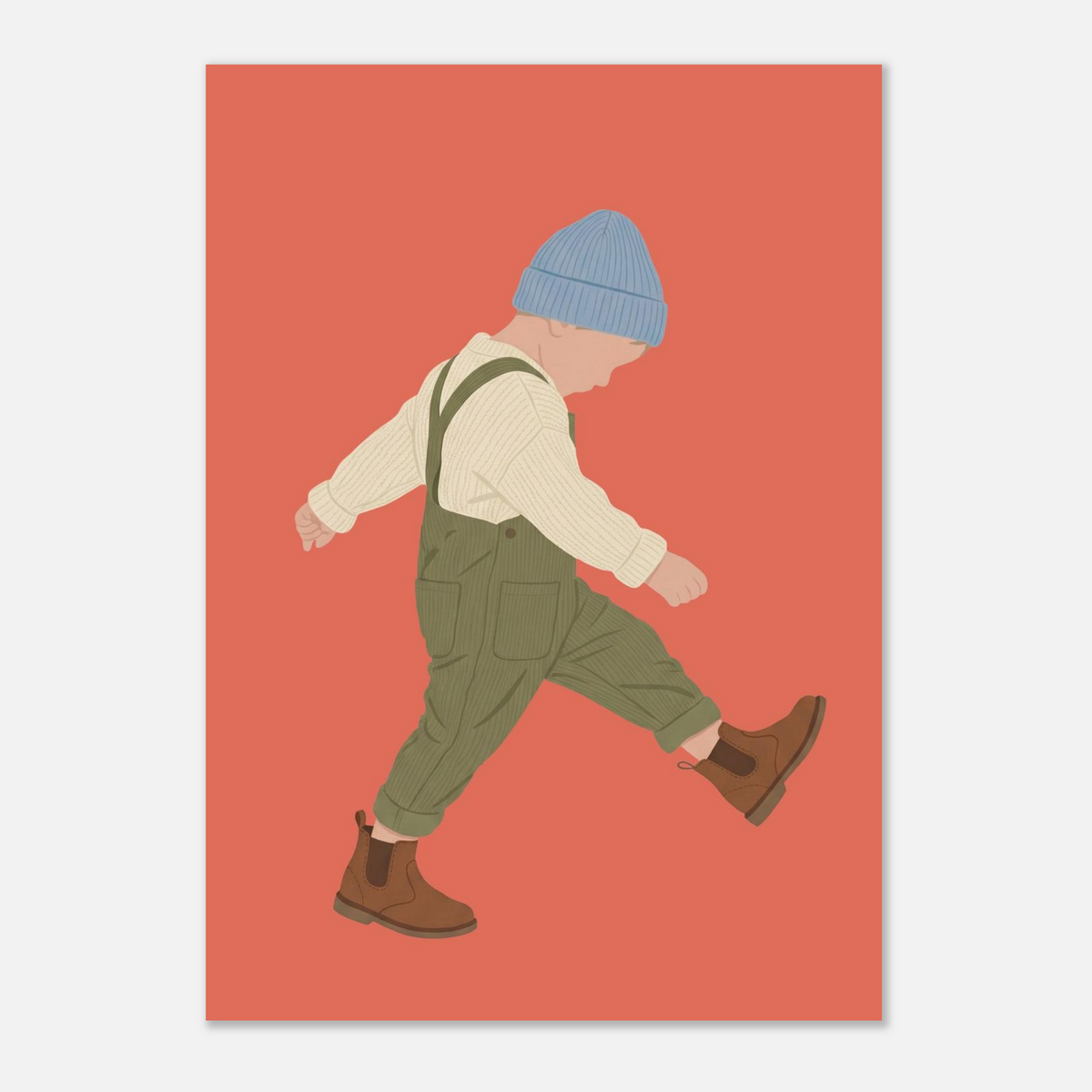 Kinderposter „Der Sturrkopf“: Kleinkind in Erdtönen auf blauem Hintergrund, 21x29.7 cm