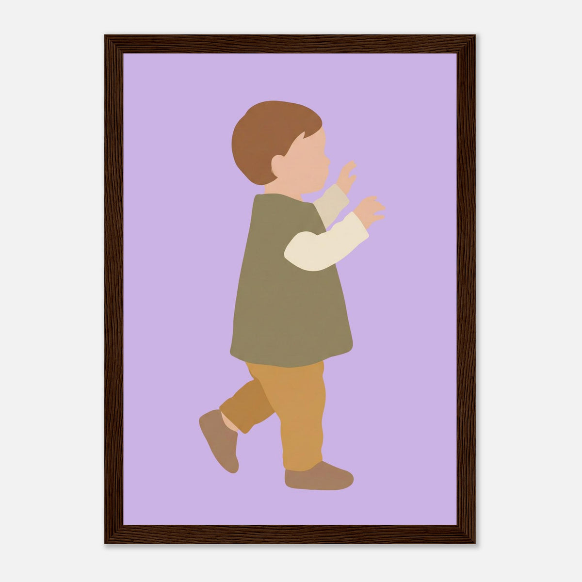 Kinderposter „Erste Schritte“: Kleinkind in Scandi-Erdtönen, dunkler Holzrahmen, 21x29.7 cm