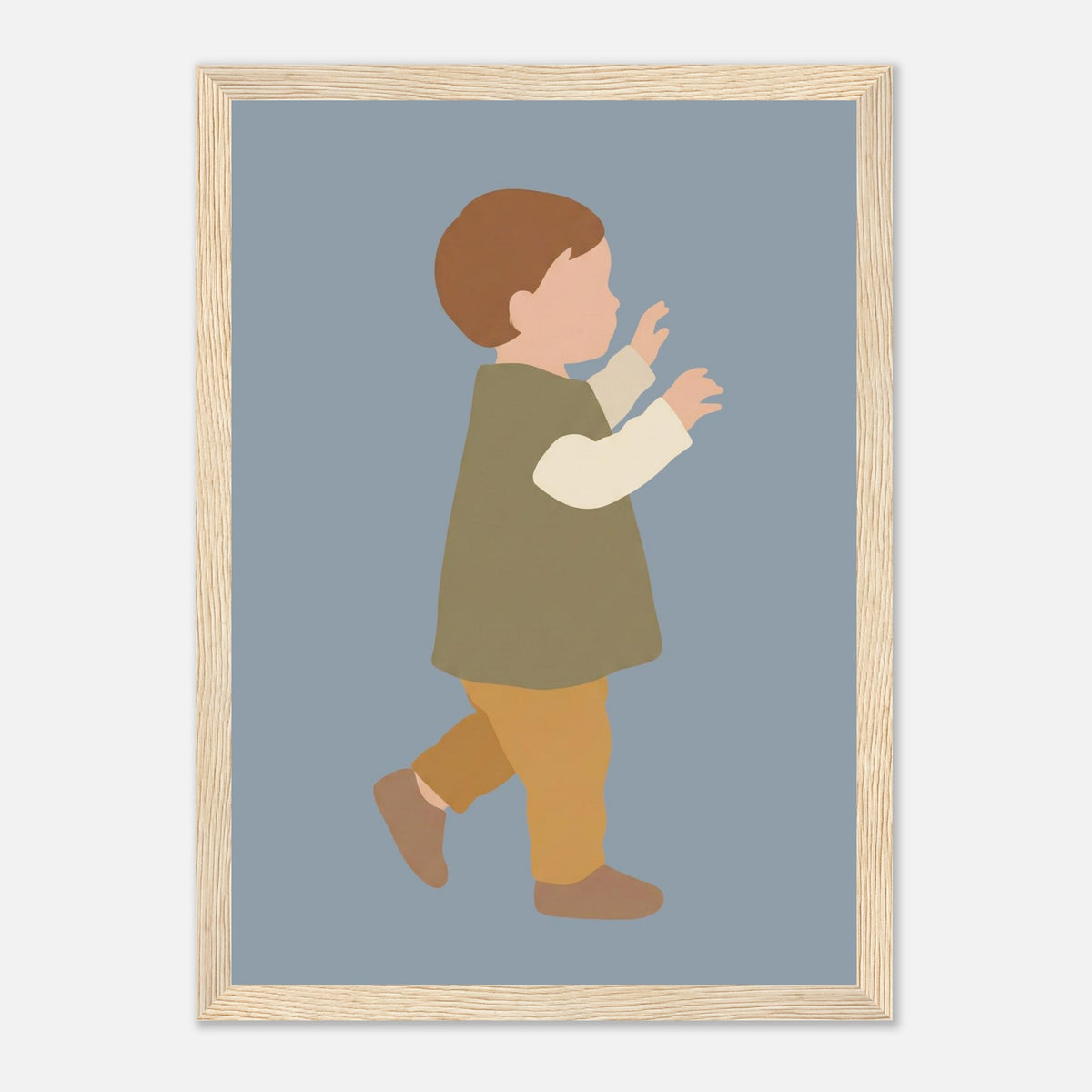 Kinderposter „Erste Schritte“: Kleinkind in Scandi-Erdtönen, Holzrahmen, 21x29.7 cm