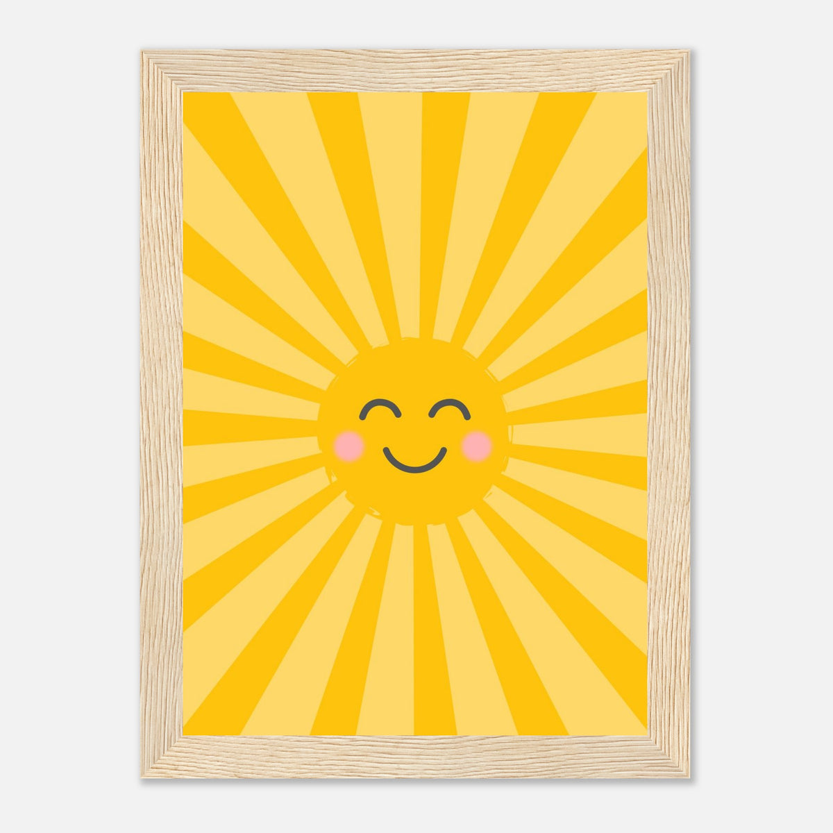 Kinderposter lachende Sonne mit Strahlenkranz in warmen Gelbtönen, Holzrahmen, 13x18 cm