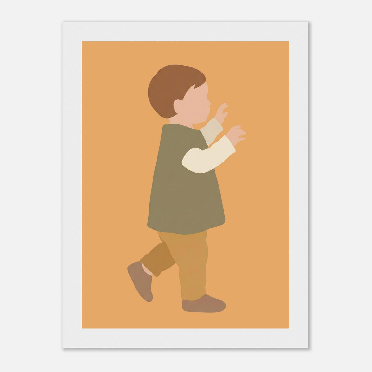 Kinderposter „Erste Schritte“: Kleinkind in Scandi-Erdtönen, weißer Rahmen, 13x18 cm