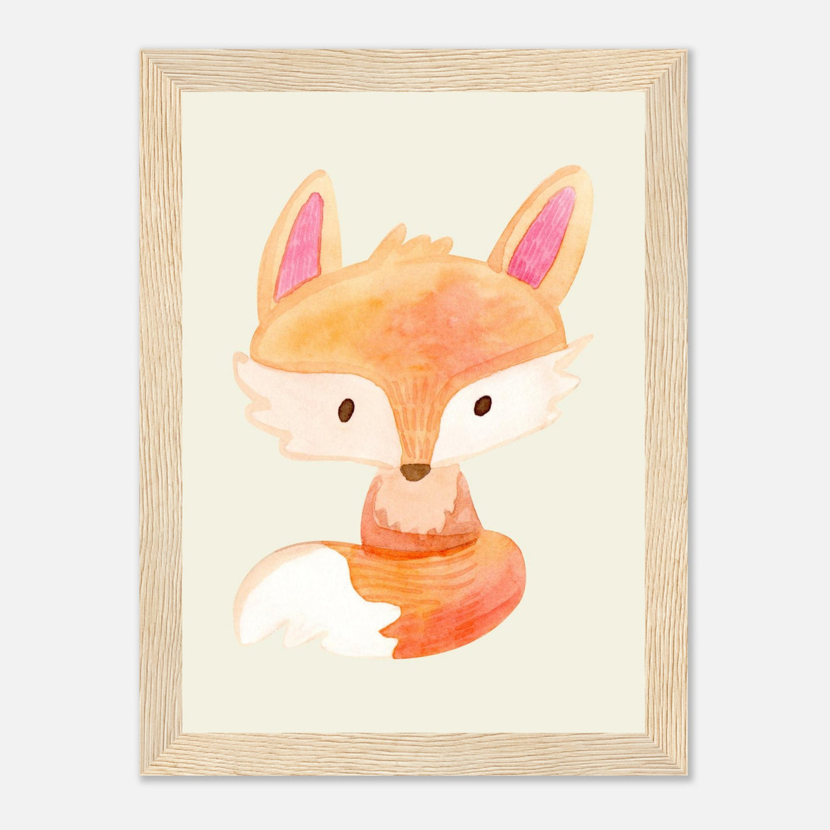 Aquarell-Fuchs in Orange und Pfirsich fürs Kinderzimmer, Holzrahmen, 13x18 cm