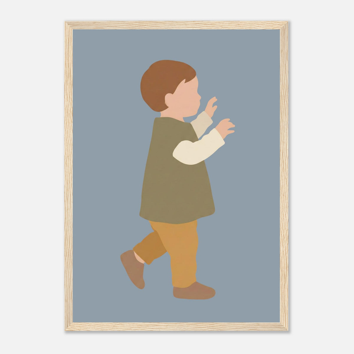 Kinderposter „Erste Schritte“: Kleinkind in Scandi-Erdtönen, Holzrahmen, A3 (29.7 x 42 cm)
