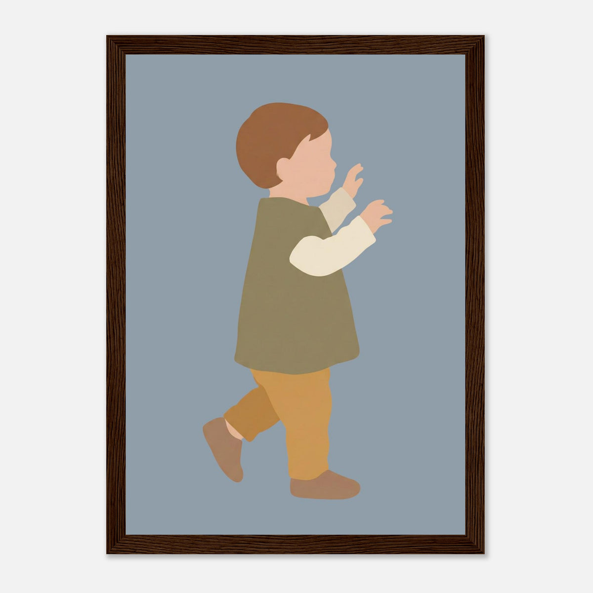Kinderposter „Erste Schritte“: Kleinkind in Scandi-Erdtönen, dunkler Holzrahmen, 21x29.7 cm