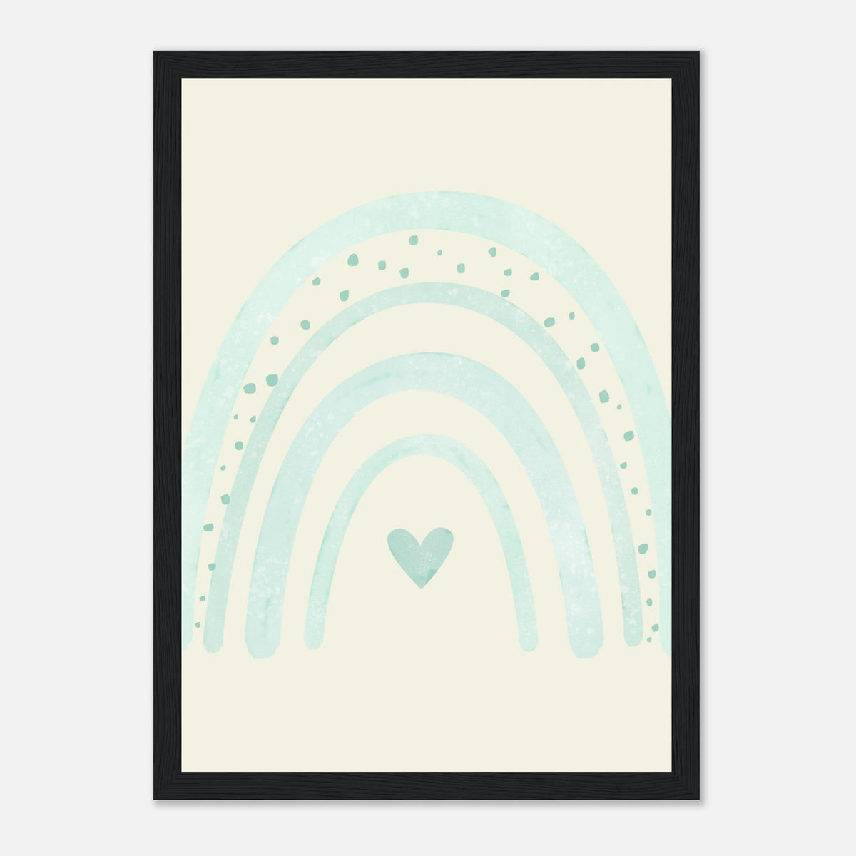 Minimalistischer Regenbogen-Kunstdruck in sanften Blautönen, schwarzer Rahmen, 21x29.7 cm
