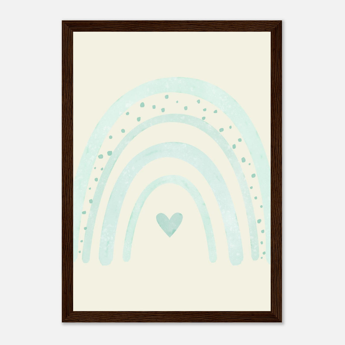 Minimalistischer Regenbogen-Kunstdruck in sanften Blautönen, dunkler Holzrahmen, 21x29.7 cm