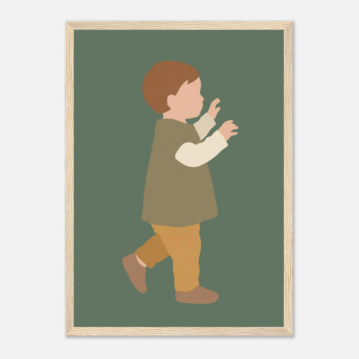 Kinderposter „Erste Schritte“: Kleinkind in Scandi-Erdtönen, Holzrahmen, A3 (29.7 x 42 cm)