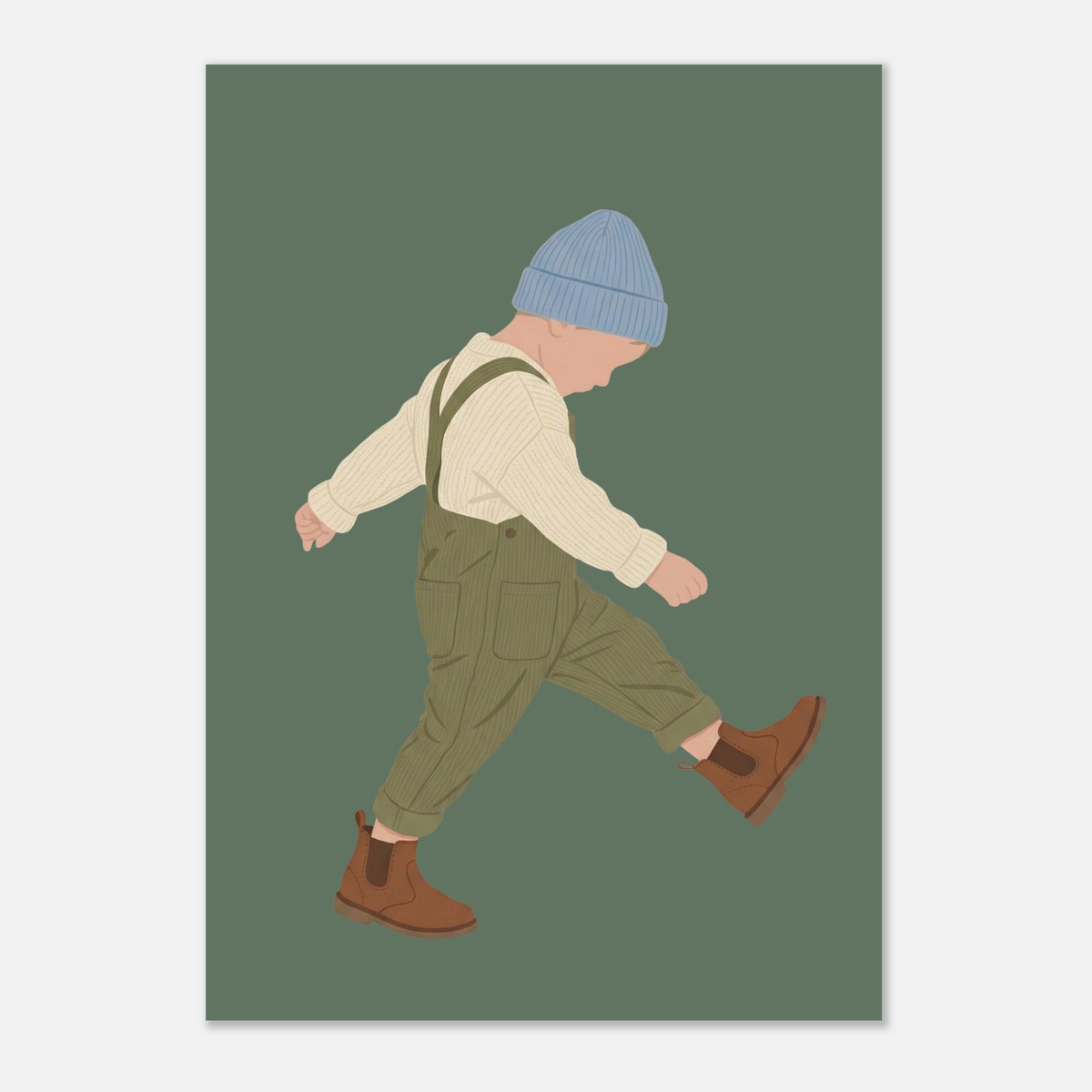 Kinderposter „Der Sturrkopf“: Kleinkind in Erdtönen auf blauem Hintergrund, 21x29.7 cm