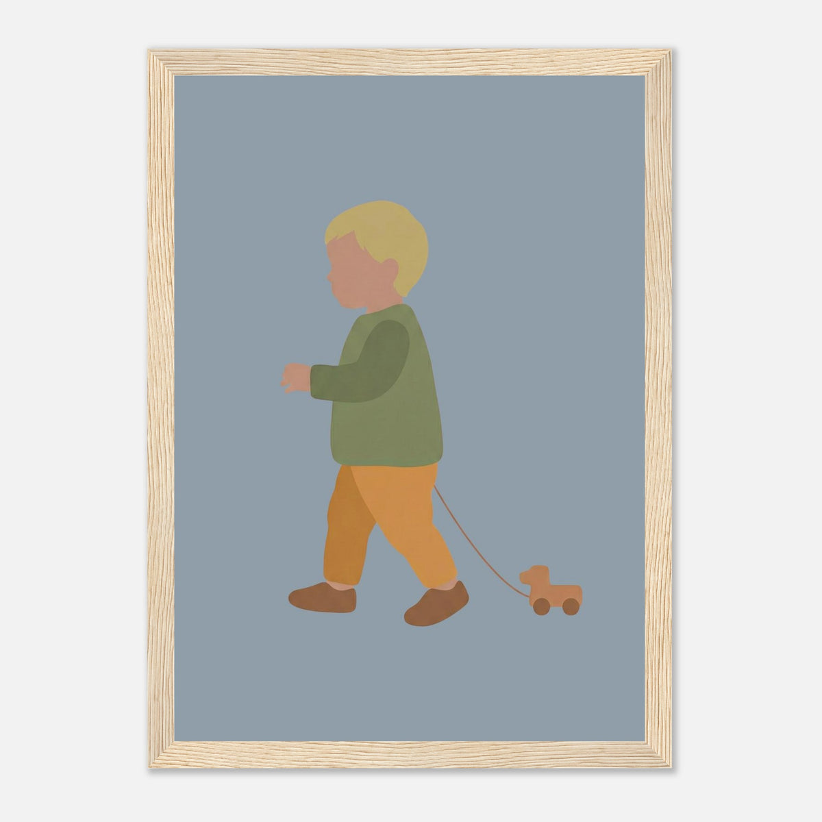 Kunstdruck „Der kleine Weggefährte“: kleiner Junge in Erd- und Olivgrüntönen, Holzrahmen, 21x29.7 cm
