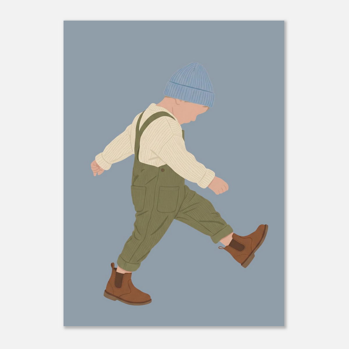 Kinderposter „Der Sturrkopf“: Kleinkind in Erdtönen auf blauem Hintergrund, 13x18 cm