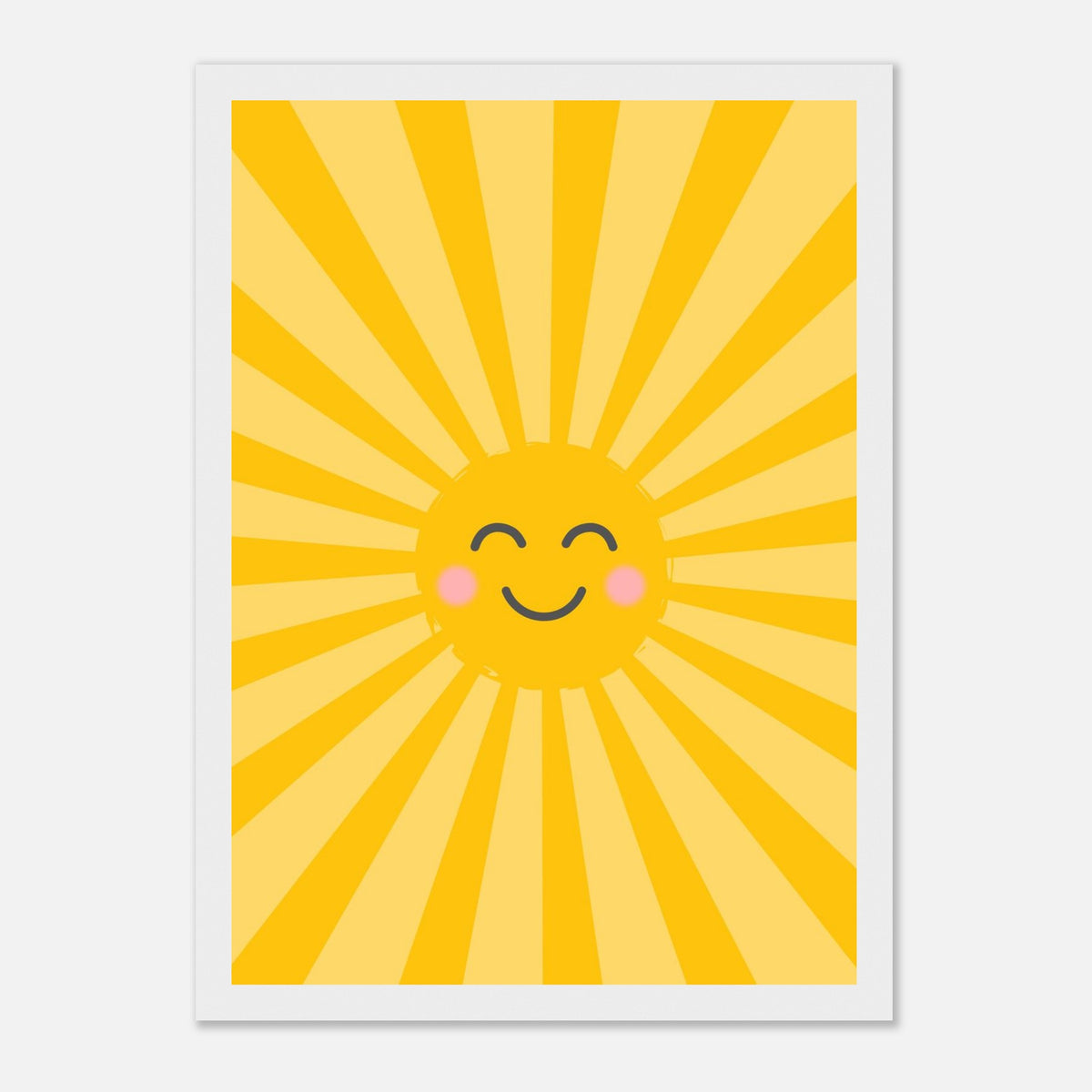 Kinderposter lachende Sonne mit Strahlenkranz in warmen Gelbtönen, weißer Rahmen, 21x29.7 cm