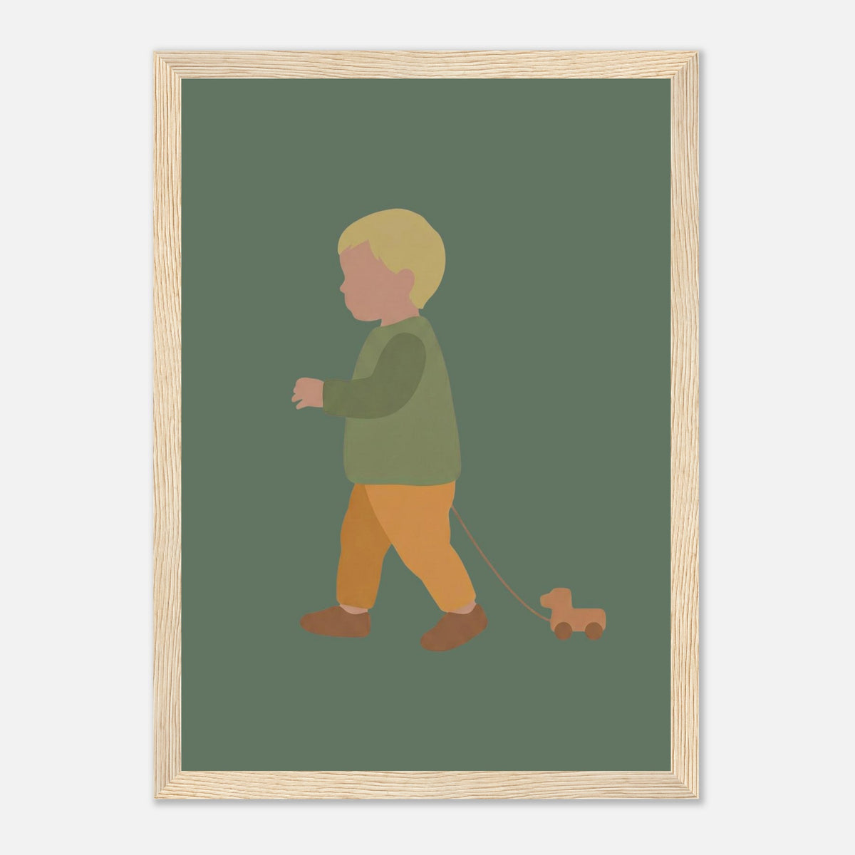 Kunstdruck „Der kleine Weggefährte“: kleiner Junge in Erd- und Olivgrüntönen, Holzrahmen, 21x29.7 cm