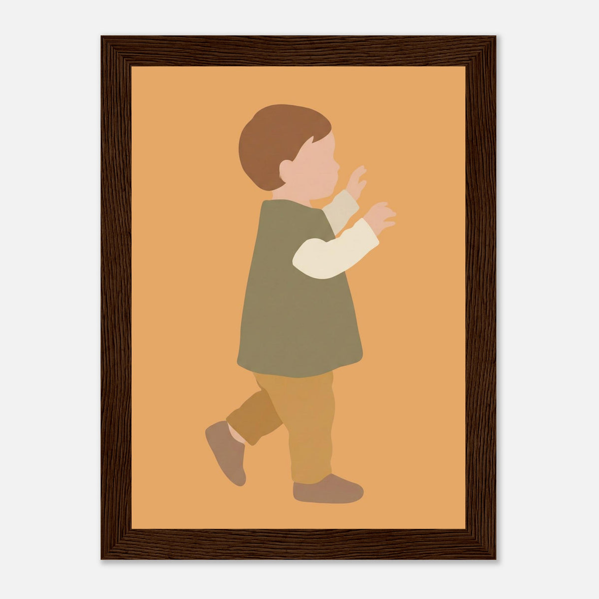 Kinderposter „Erste Schritte“: Kleinkind in Scandi-Erdtönen, dunkler Holzrahmen, 13x18 cm