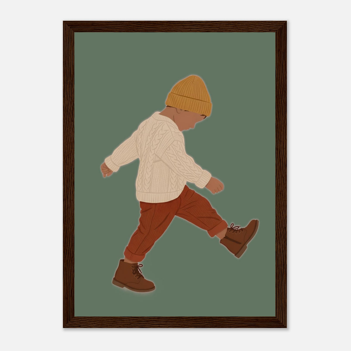 Boho-Kunstdruck „Der kleine Erkunder“: Kleinkind in Erdtönen, dunkler Holzrahmen, 21x29.7 cm
