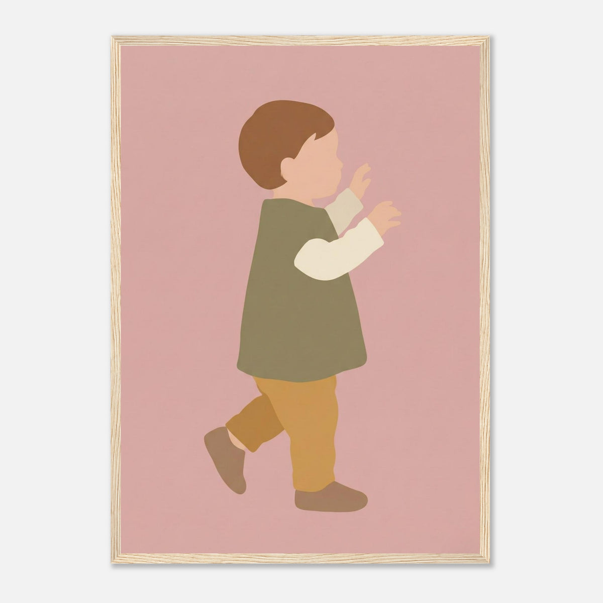 Kinderposter „Erste Schritte“: Kleinkind in Scandi-Erdtönen, Holzrahmen, A2 (42 x 59.4 cm)