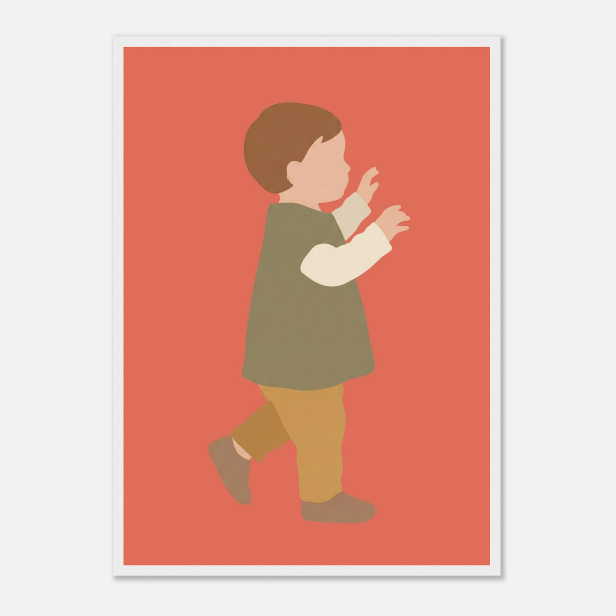 Kinderposter „Erste Schritte“: Kleinkind in Scandi-Erdtönen, weißer Rahmen, A2 (42 x 59.4 cm)