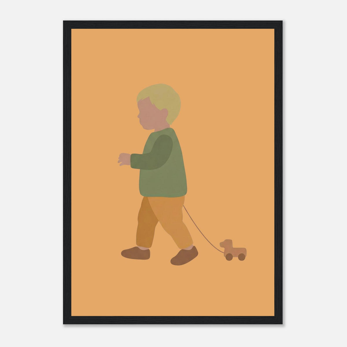 Kunstdruck „Der kleine Weggefährte“: kleiner Junge in Erd- und Olivgrüntönen, schwarzer Rahmen, A3 (29.7 x 42 cm)