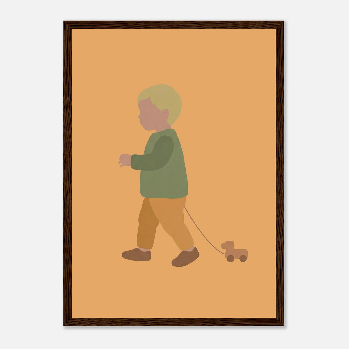 Kunstdruck „Der kleine Weggefährte“: kleiner Junge in Erd- und Olivgrüntönen, dunkler Holzrahmen, A3 (29.7 x 42 cm)