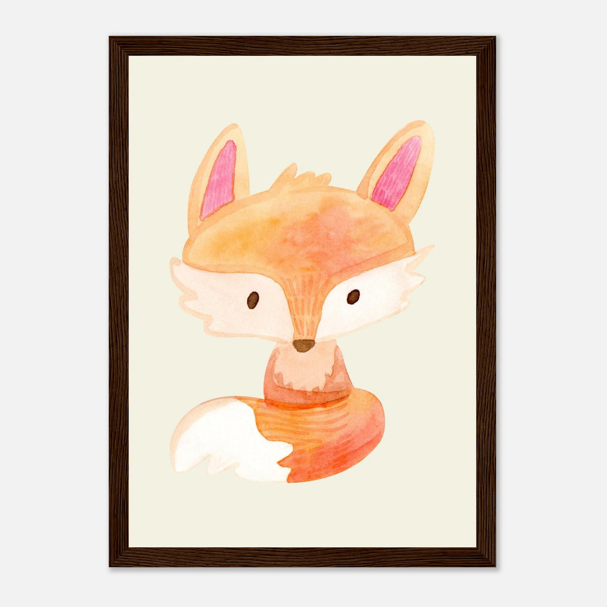Aquarell-Fuchs in Orange und Pfirsich fürs Kinderzimmer, dunkler Holzrahmen, 21x29.7 cm