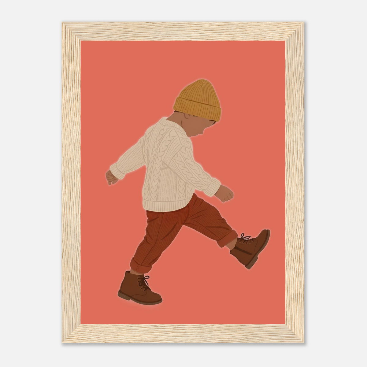Boho-Kunstdruck „Der kleine Erkunder“: Kleinkind in Erdtönen, Holzrahmen, 13x18 cm