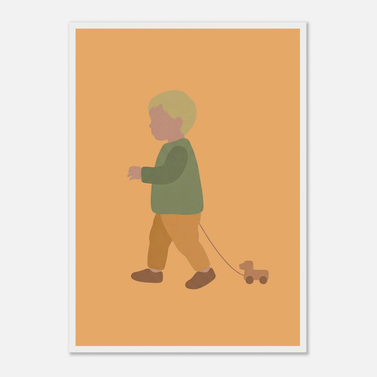 Kunstdruck „Der kleine Weggefährte“: kleiner Junge in Erd- und Olivgrüntönen, weißer Rahmen, A2 (42 x 59.4 cm)
