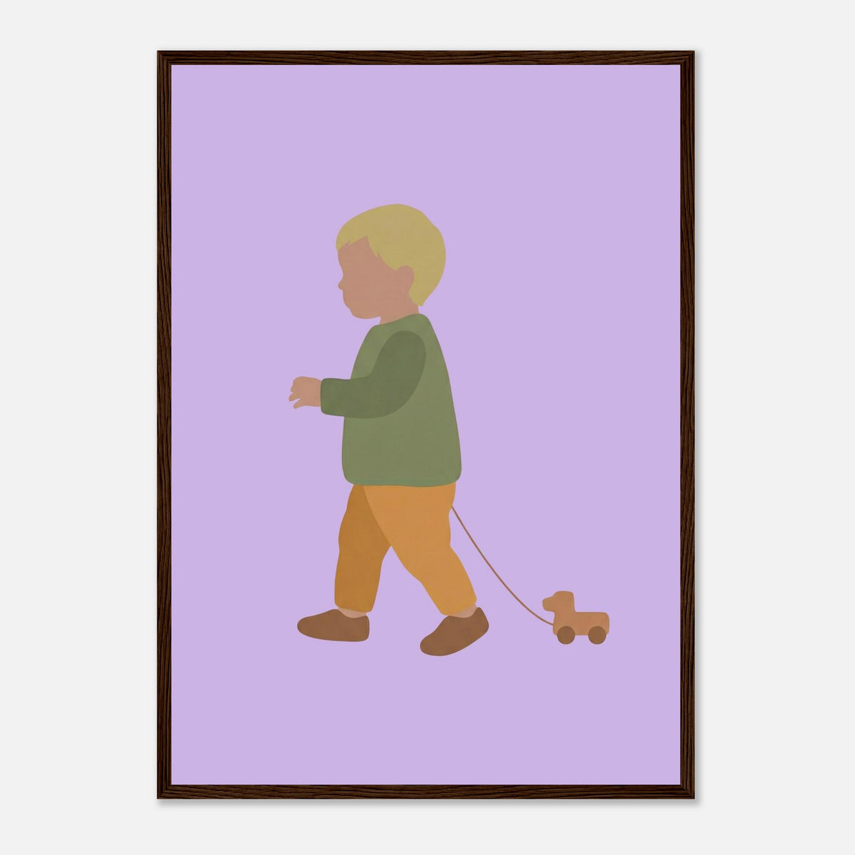 Kunstdruck „Der kleine Weggefährte“: kleiner Junge in Erd- und Olivgrüntönen, dunkler Holzrahmen, A2 (42 x 59.4 cm)