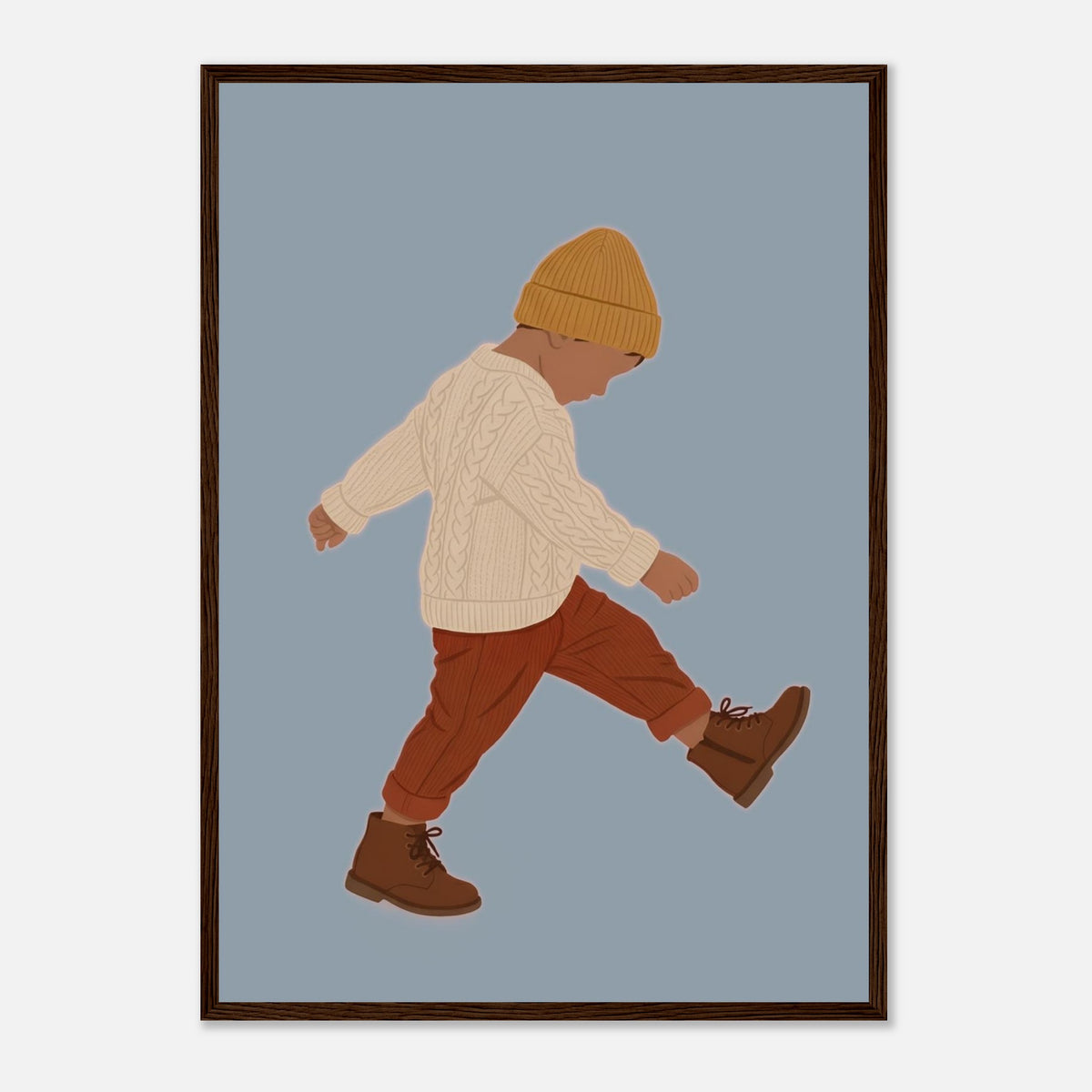 Boho-Kunstdruck „Der kleine Erkunder“: Kleinkind in Erdtönen, dunkler Holzrahmen, A2 (42 x 59.4 cm)