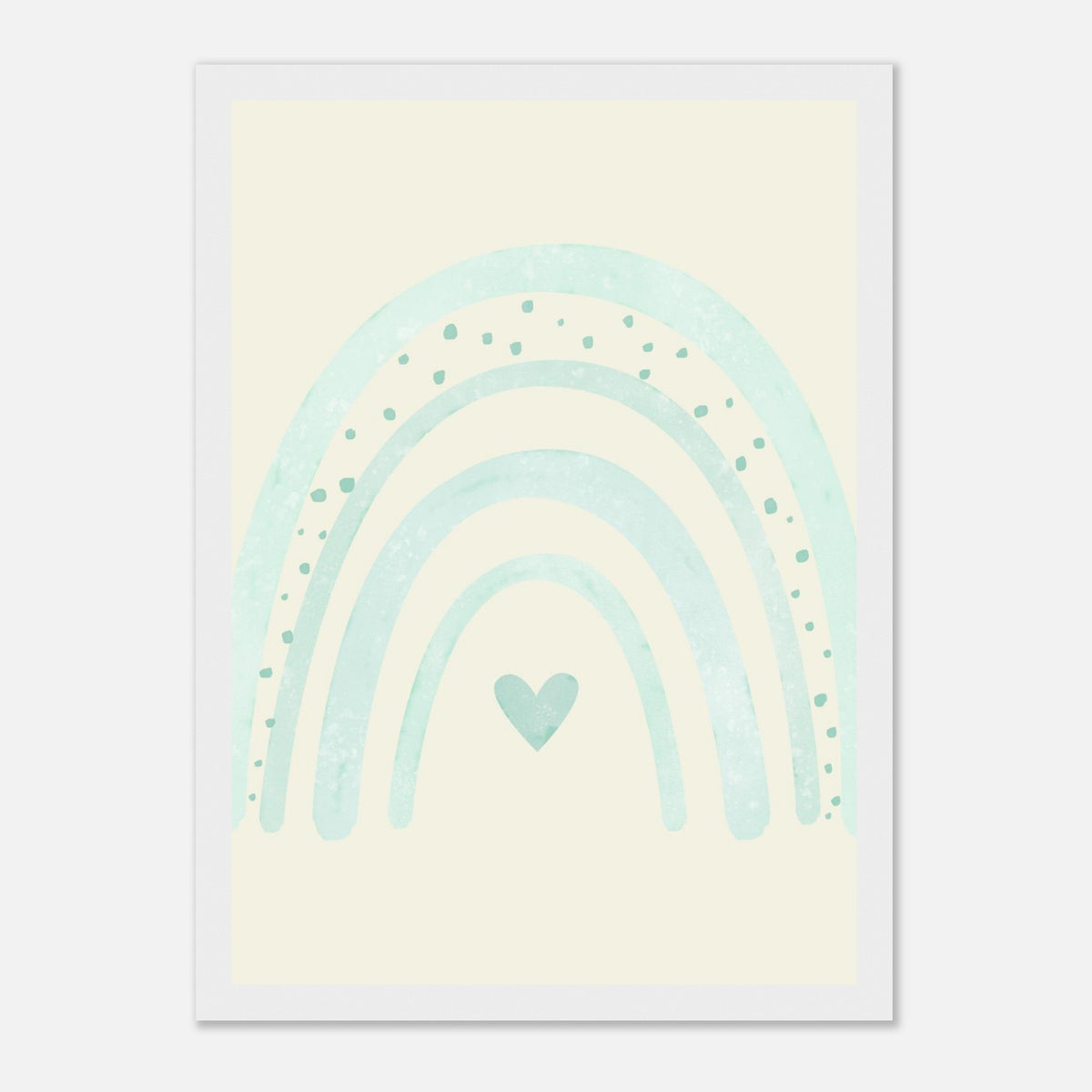 Minimalistischer Regenbogen-Kunstdruck in sanften Blautönen, weißer Rahmen, 21x29.7 cm