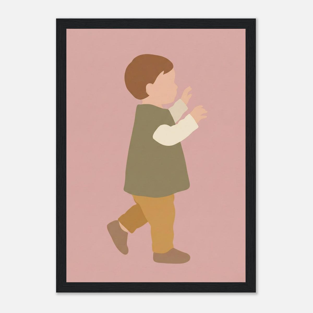 Kinderposter „Erste Schritte“: Kleinkind in Scandi-Erdtönen, schwarzer Rahmen, 21x29.7 cm