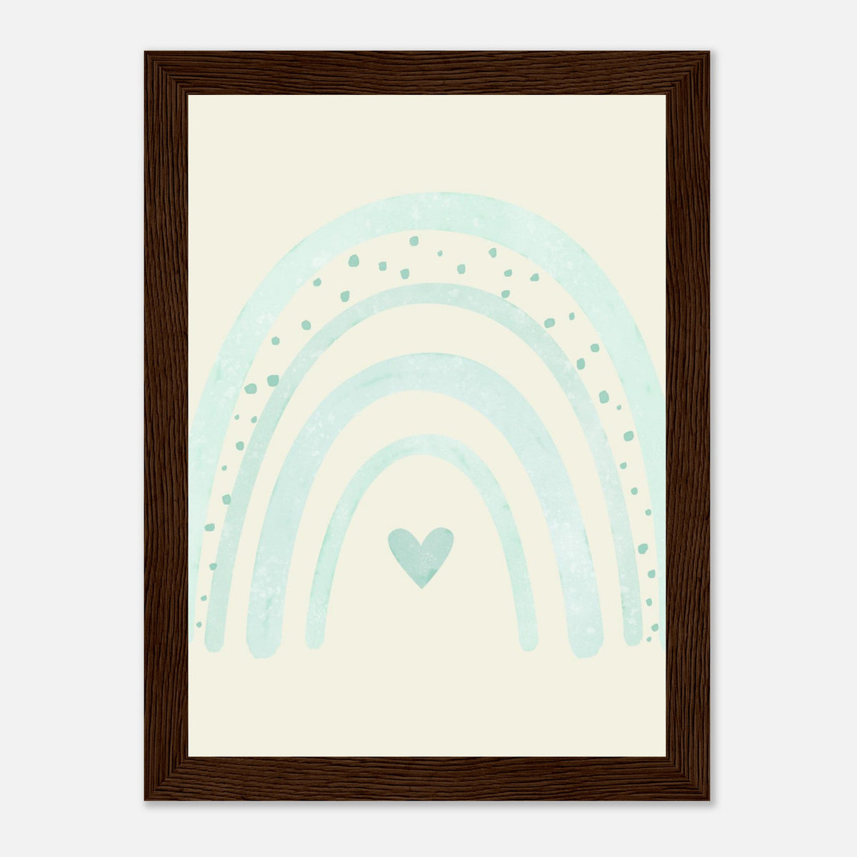 Minimalistischer Regenbogen-Kunstdruck in sanften Blautönen, dunkler Holzrahmen, 13x18 cm