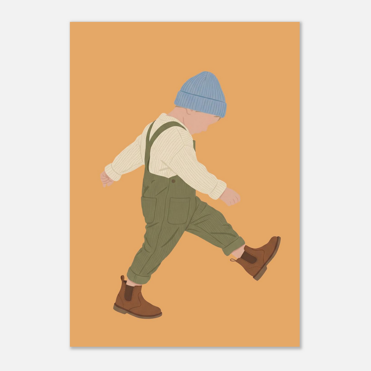 Kinderposter „Der Sturrkopf“: Kleinkind in Erdtönen auf blauem Hintergrund, 21x29.7 cm