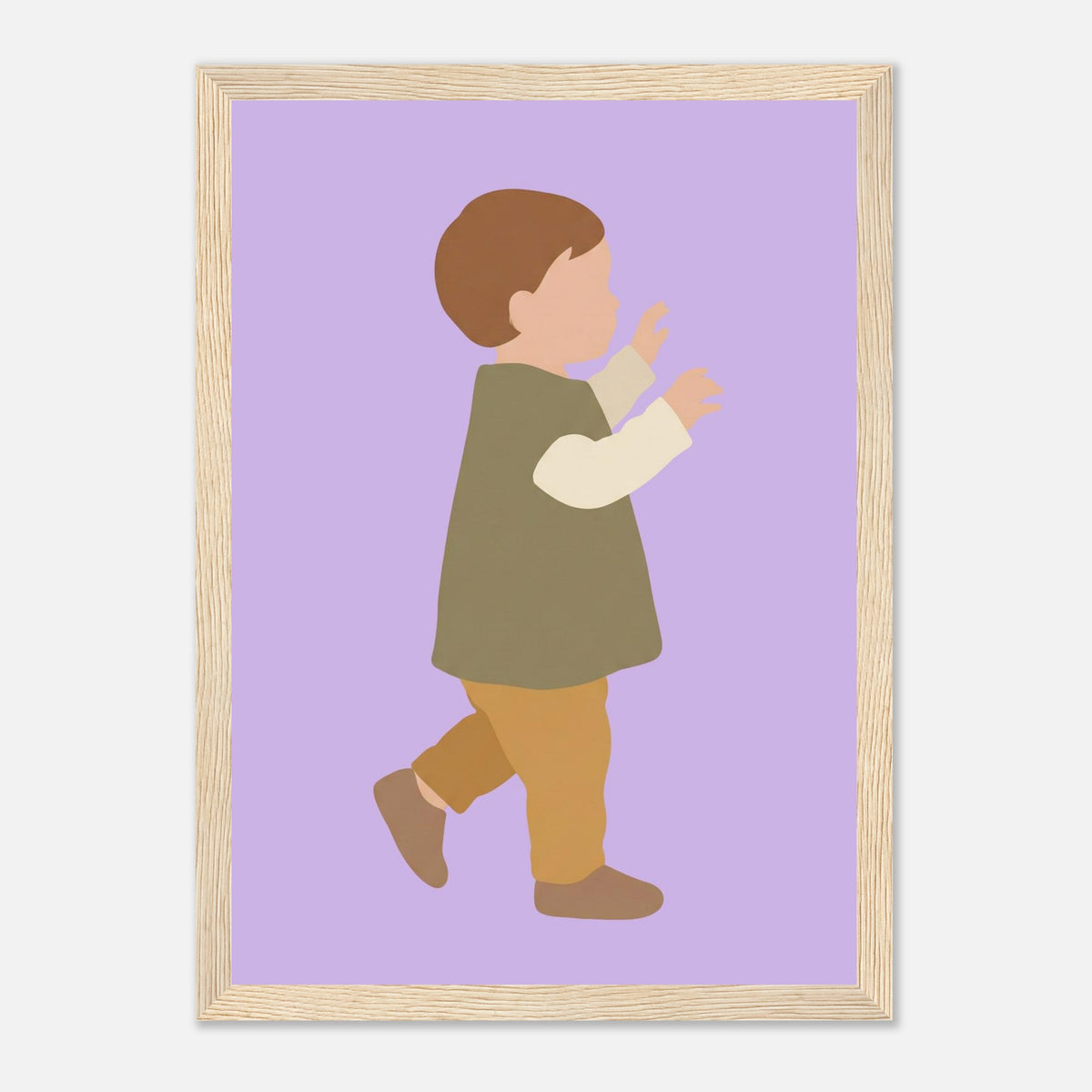 Kinderposter „Erste Schritte“: Kleinkind in Scandi-Erdtönen, Holzrahmen, 21x29.7 cm