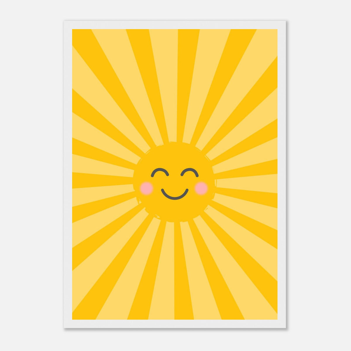 Kinderposter lachende Sonne mit Strahlenkranz in warmen Gelbtönen, weißer Rahmen, A3 (29.7 x 42 cm)