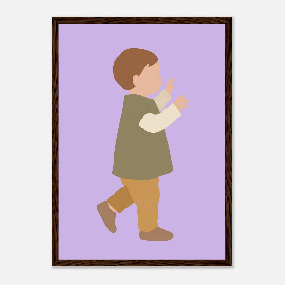 Kinderposter „Erste Schritte“: Kleinkind in Scandi-Erdtönen, dunkler Holzrahmen, A3 (29.7 x 42 cm)