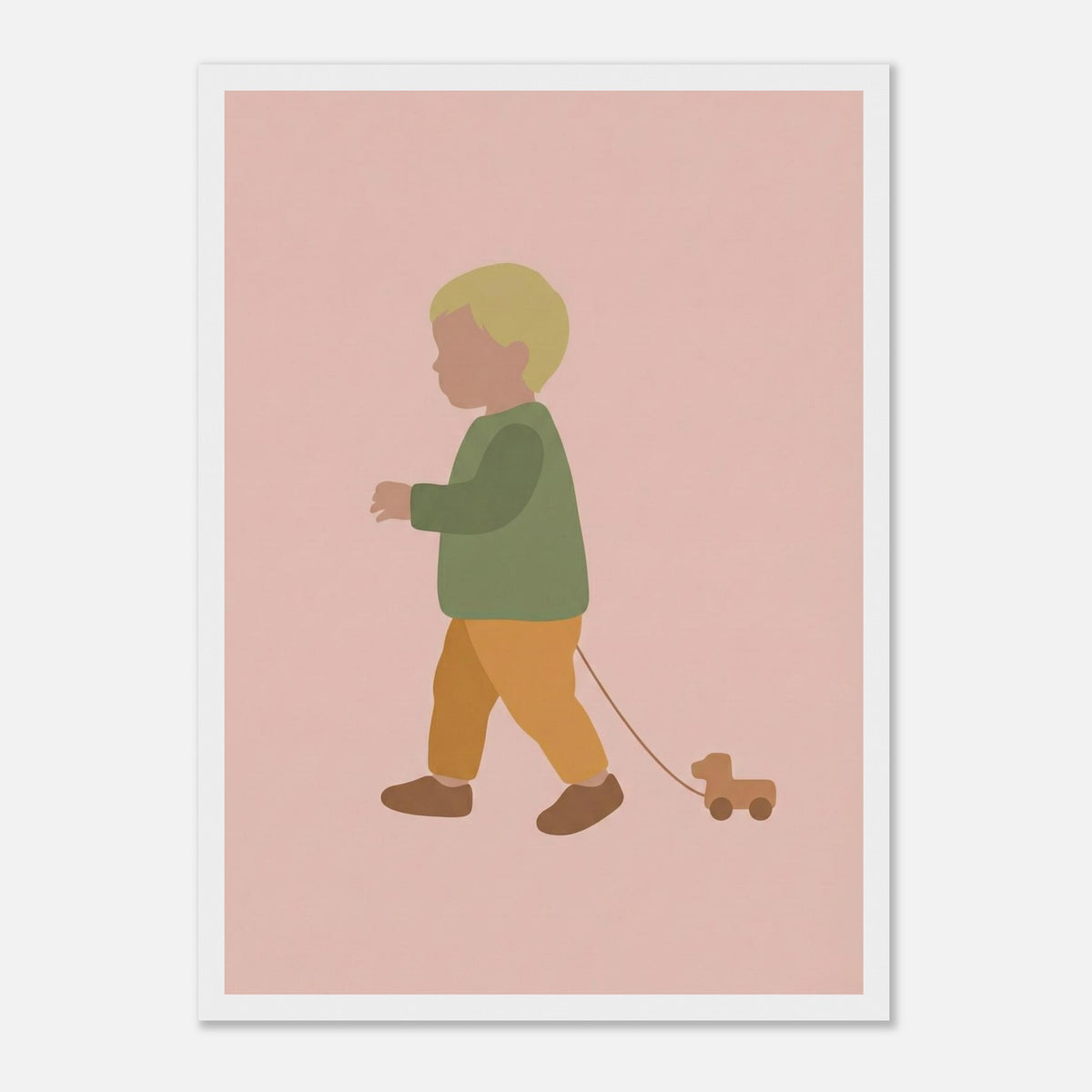 Kunstdruck „Der kleine Weggefährte“: kleiner Junge in Erd- und Olivgrüntönen, weißer Rahmen, A3 (29.7 x 42 cm)