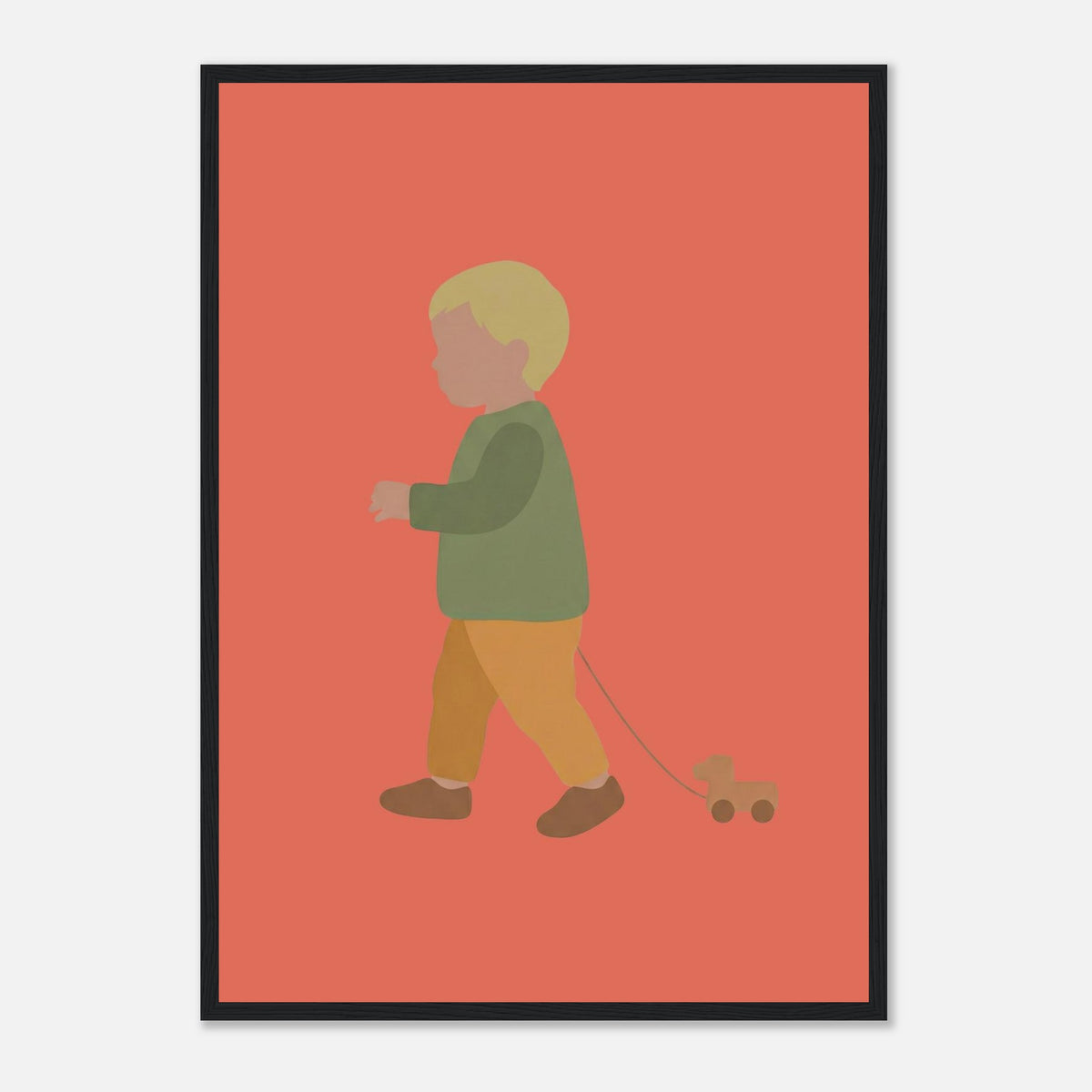 Kunstdruck „Der kleine Weggefährte“: kleiner Junge in Erd- und Olivgrüntönen, schwarzer Rahmen, A2 (42 x 59.4 cm)