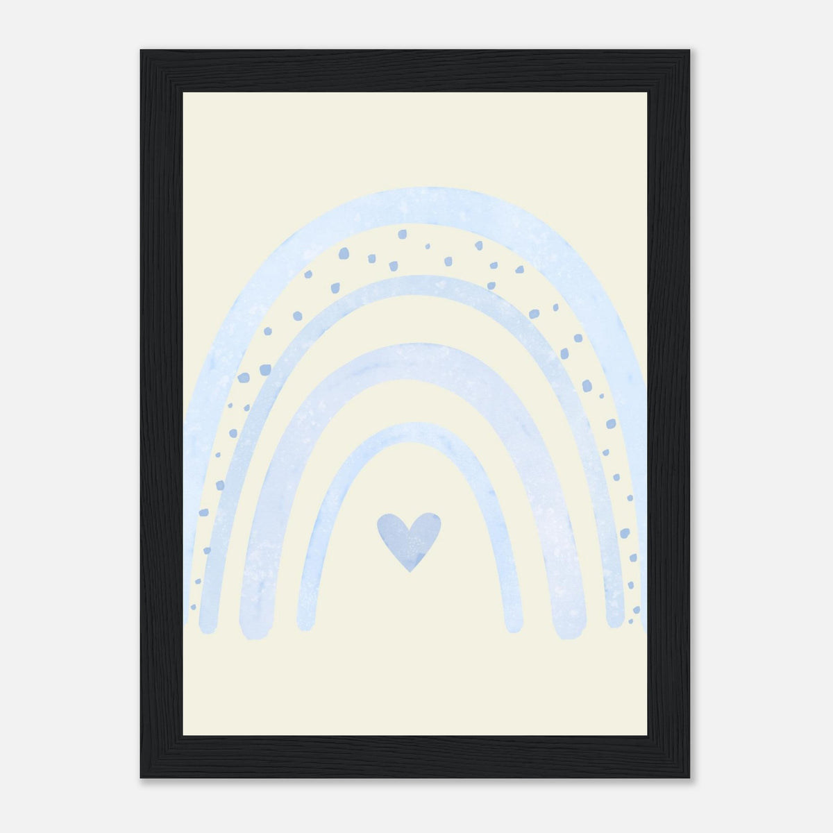 Minimalistischer Regenbogen-Kunstdruck in sanften Blautönen, schwarzer Rahmen, 13x18 cm