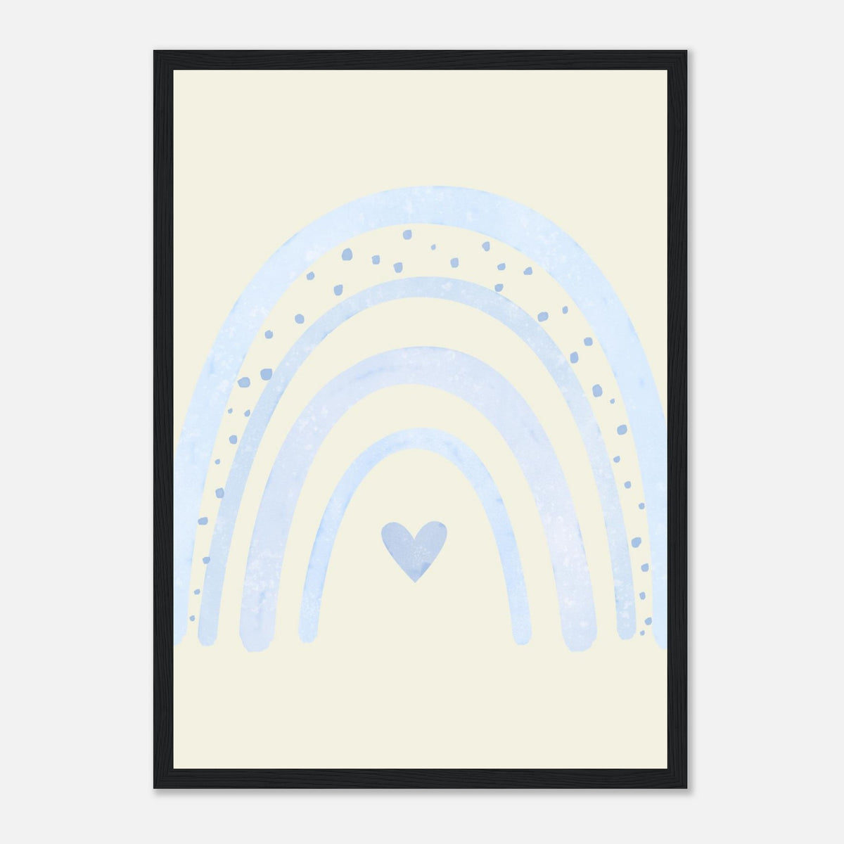 Minimalistischer Regenbogen-Kunstdruck in sanften Blautönen, schwarzer Rahmen, A3 (29.7 x 42 cm)