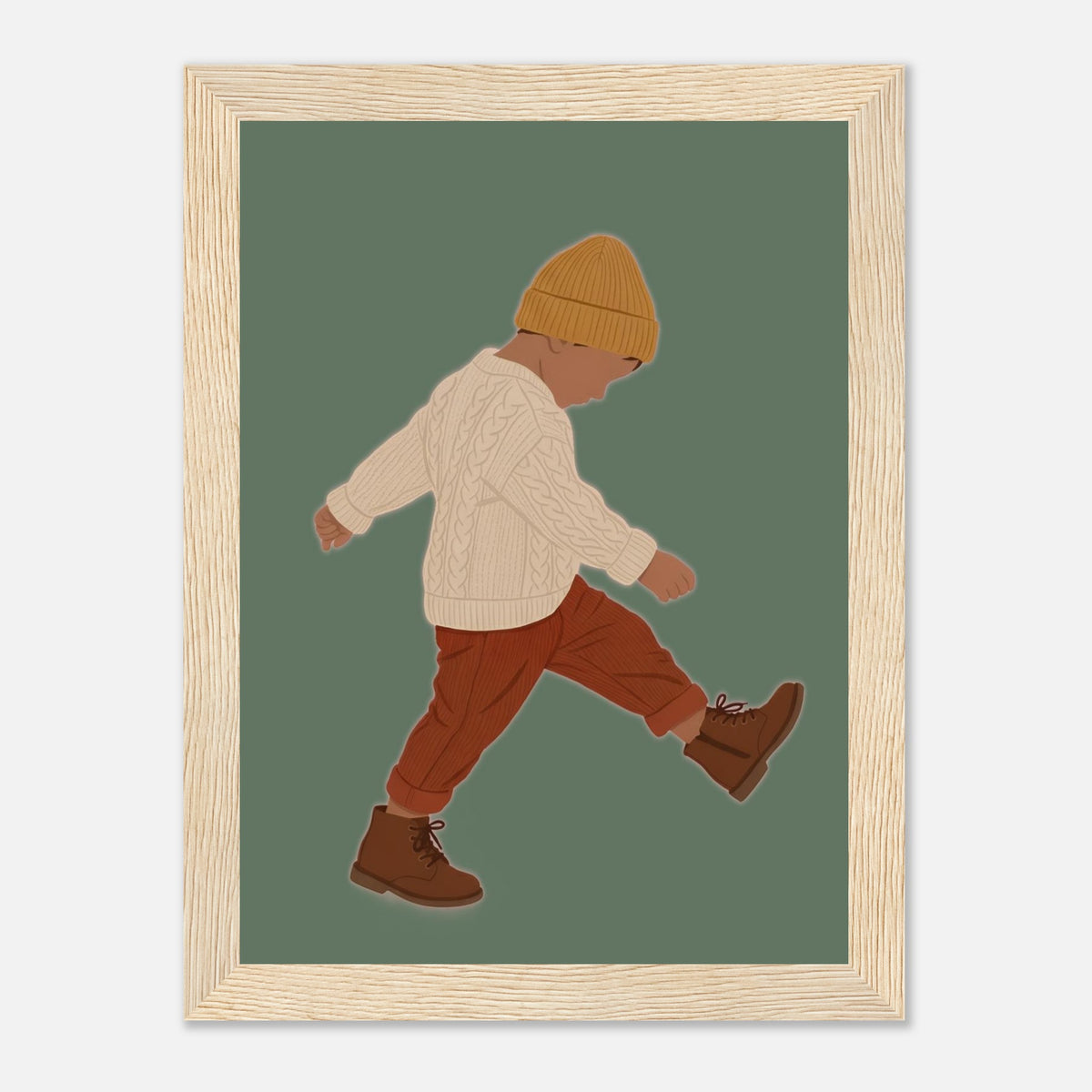 Boho-Kunstdruck „Der kleine Erkunder“: Kleinkind in Erdtönen, Holzrahmen, 13x18 cm