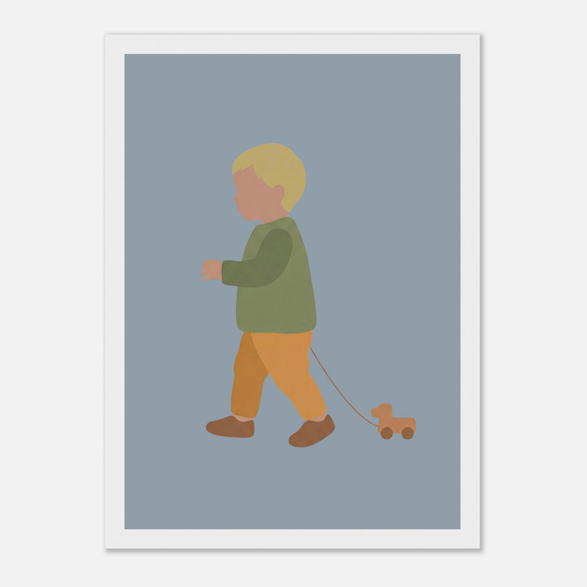 Kunstdruck „Der kleine Weggefährte“: kleiner Junge in Erd- und Olivgrüntönen, weißer Rahmen, 21x29.7 cm