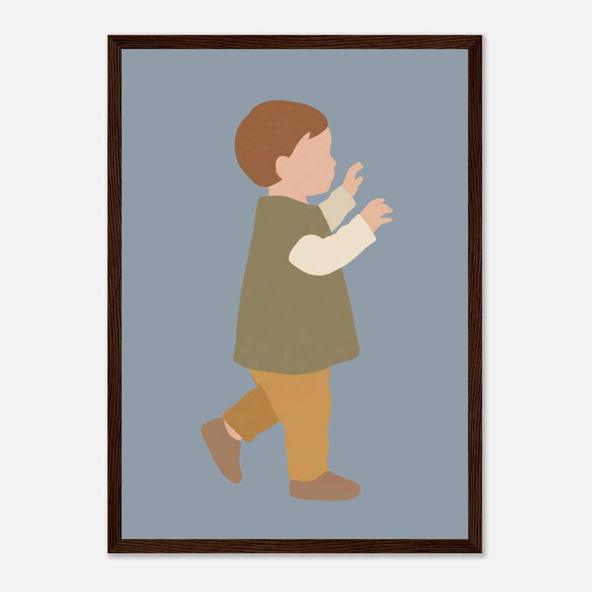 Kinderposter „Erste Schritte“: Kleinkind in Scandi-Erdtönen, dunkler Holzrahmen, A3 (29.7 x 42 cm)