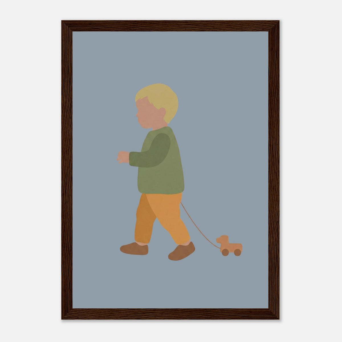 Kunstdruck „Der kleine Weggefährte“: kleiner Junge in Erd- und Olivgrüntönen, dunkler Holzrahmen, 21x29.7 cm