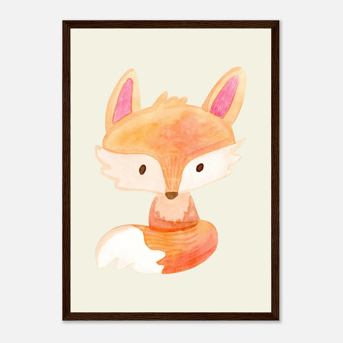 Aquarell-Fuchs in Orange und Pfirsich fürs Kinderzimmer, dunkler Holzrahmen, A3 (29.7 x 42 cm)