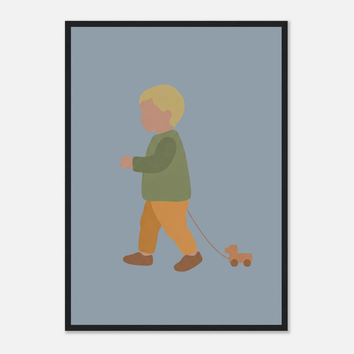 Kunstdruck „Der kleine Weggefährte“: kleiner Junge in Erd- und Olivgrüntönen, schwarzer Rahmen, A2 (42 x 59.4 cm)