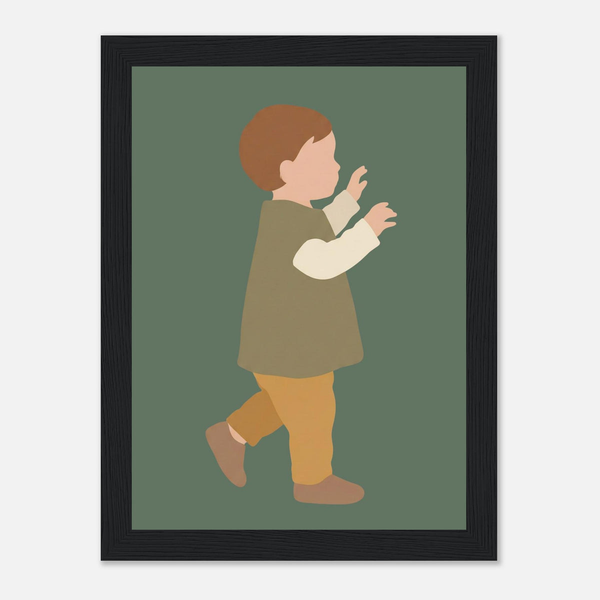 Kinderposter „Erste Schritte“: Kleinkind in Scandi-Erdtönen, schwarzer Rahmen, 13x18 cm