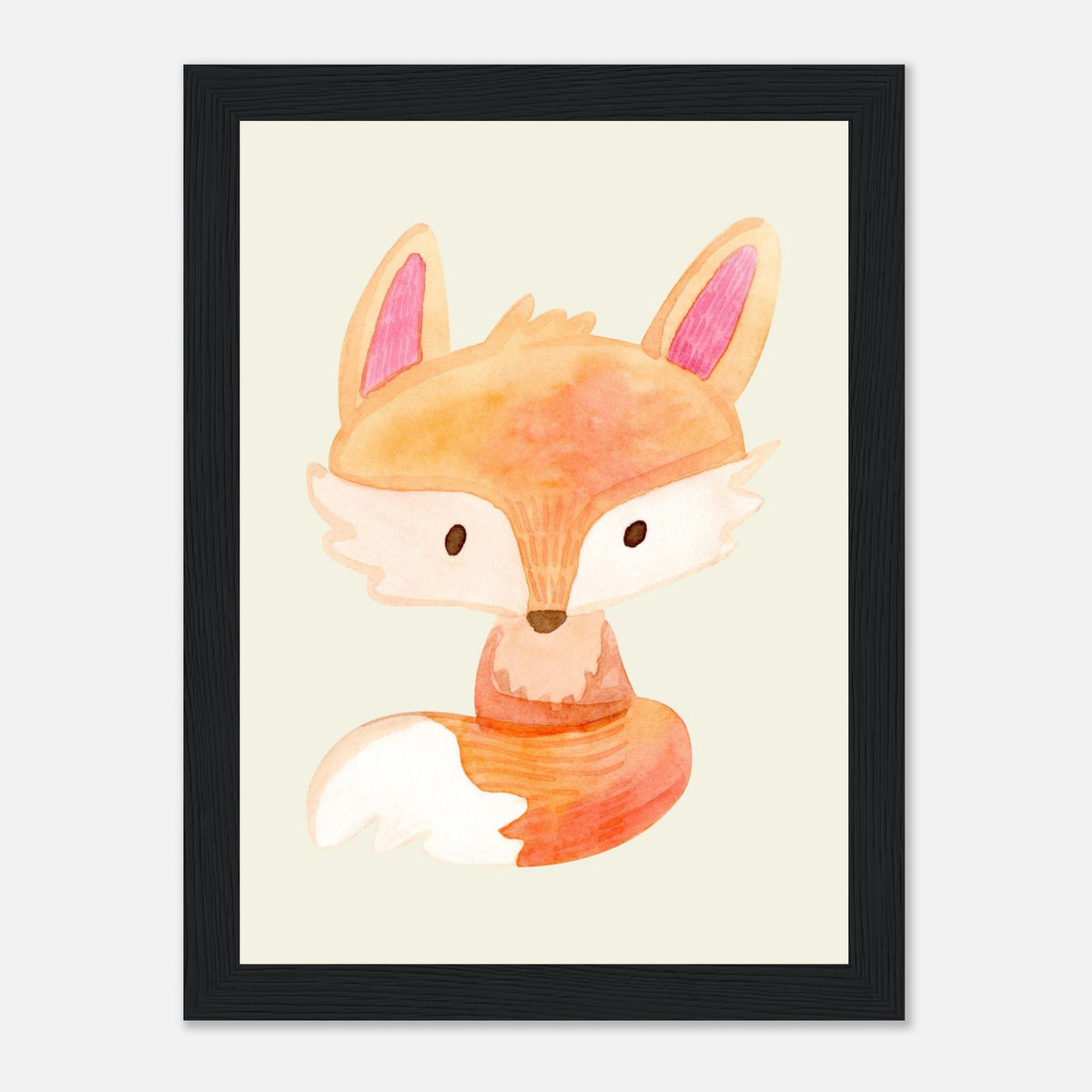 Aquarell-Fuchs in Orange und Pfirsich fürs Kinderzimmer, schwarzer Rahmen, 13x18 cm